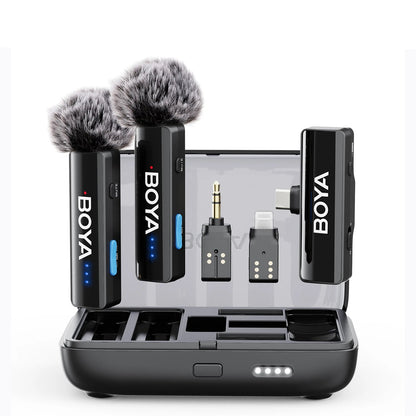 BOYA BOYALINK 2 wireless microphone system with two microphones and accessories on a white background.