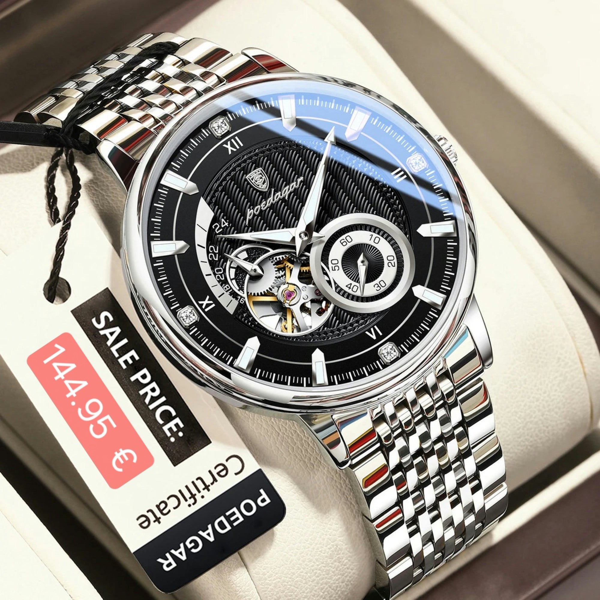 PODEAGAR watch with a black face and silver metal strap on a white cushion, with a sale price tag visible.