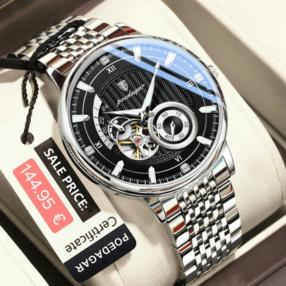 PODEAGAR watch with a black face and silver metal strap on a white cushion, with a sale price tag visible.