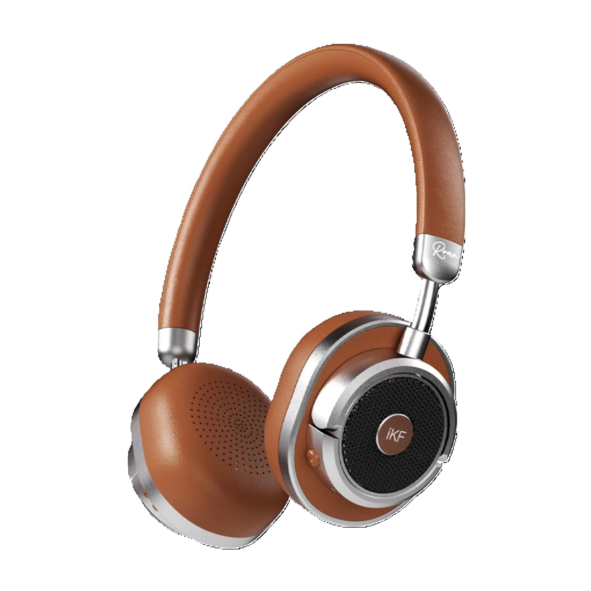 Brown headphones with silver accents on a white background