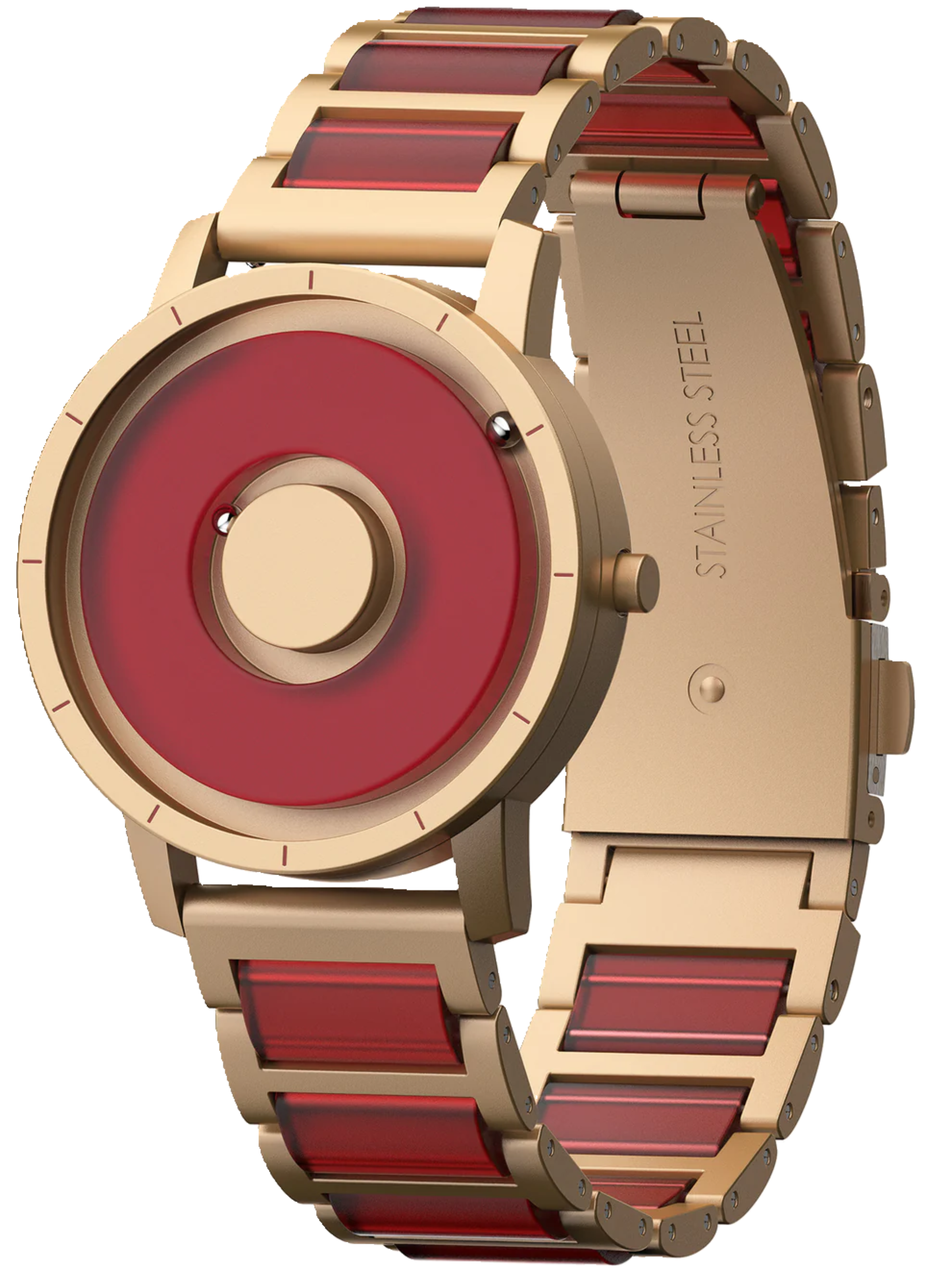 Watch with gold and red band on a white background