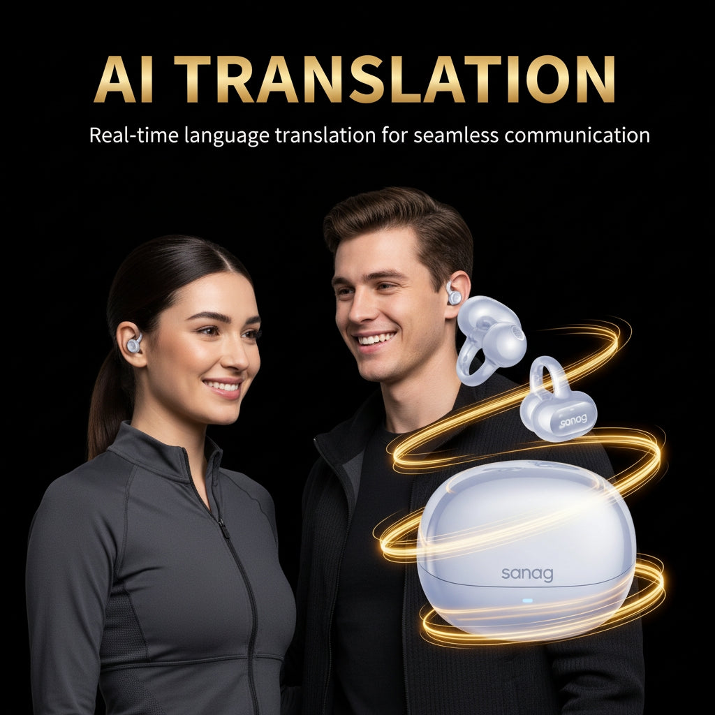 Two people wearing AI translation earbuds with text 'AI Translation' on a black background.