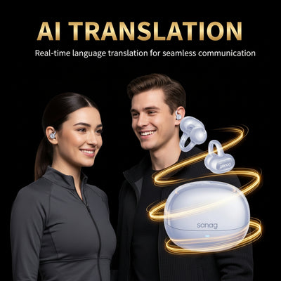 Two people wearing AI translation earbuds with text 'AI Translation' on a black background.