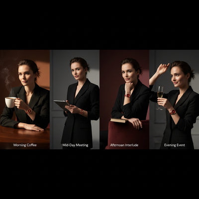 Woman in a black suit depicted in four different scenarios labeled 'Morning Coffee', 'Mid-Day Meeting', 'Afternoon Interlude', and 'Evening Event'.