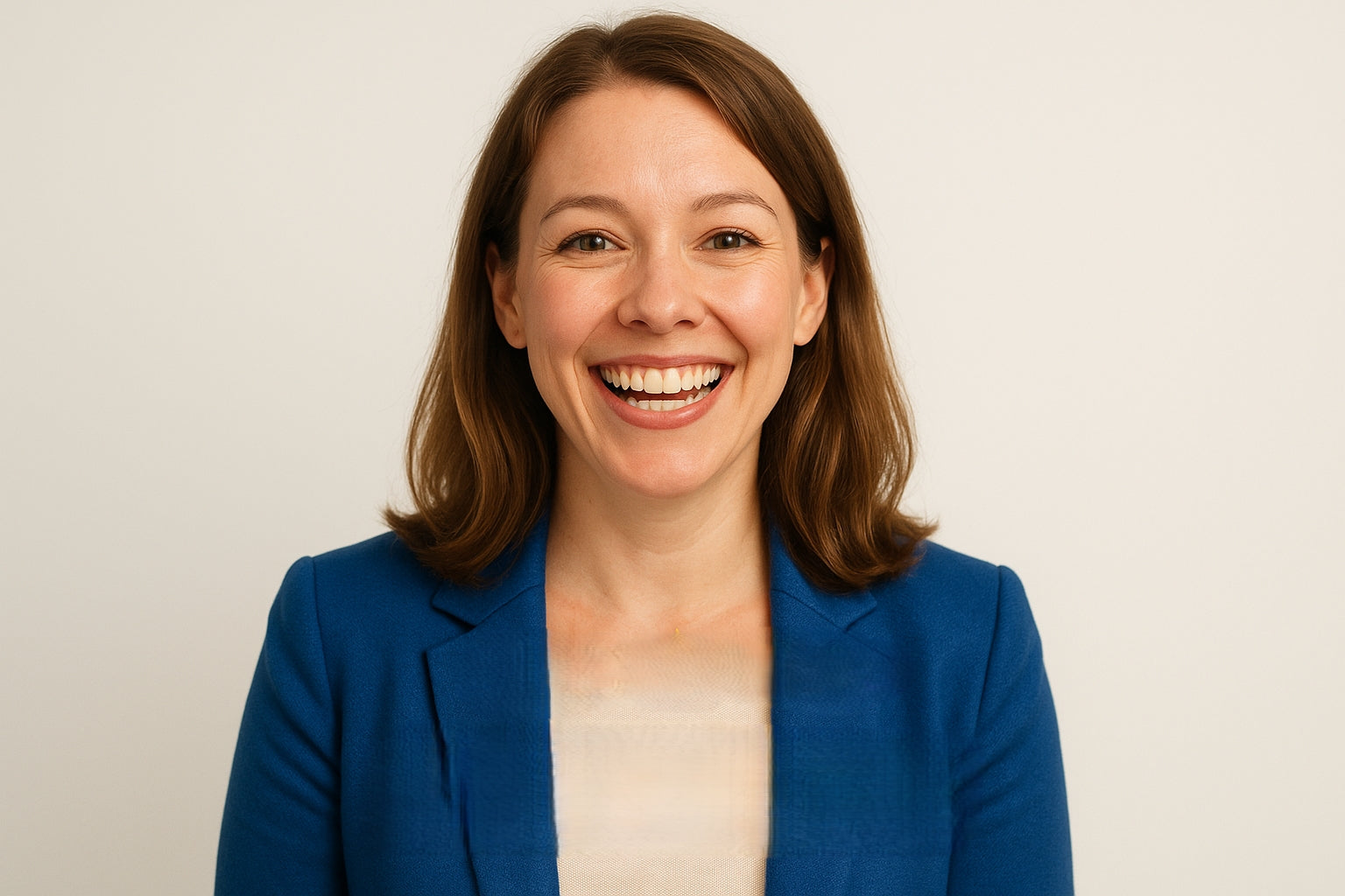 Woman wearing a blue blazer against a plain background