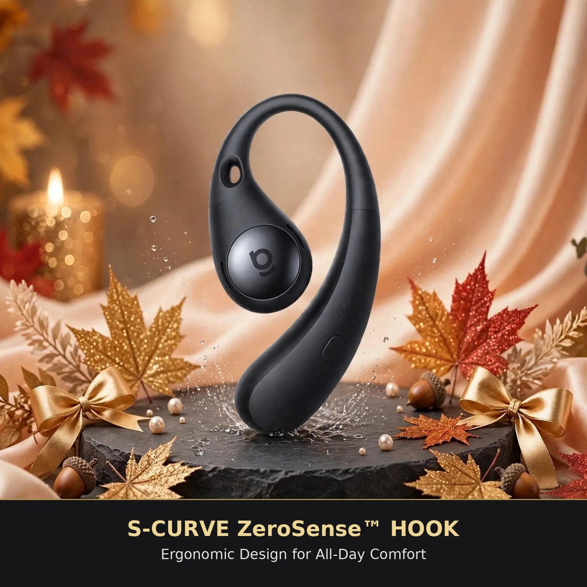 Single black Baseus Eli Sport 2 earbud showing S-Curve ZeroSense hook ergonomic design floating over water splash on black slate with gold maple leaves and gold satin bows
