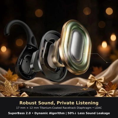 Exploded view of Baseus Eli Sport 2 earbud interior showing 17mm x 12mm titanium-coated racetrack diaphragm for robust sound and private listening with SuperBass 2.0