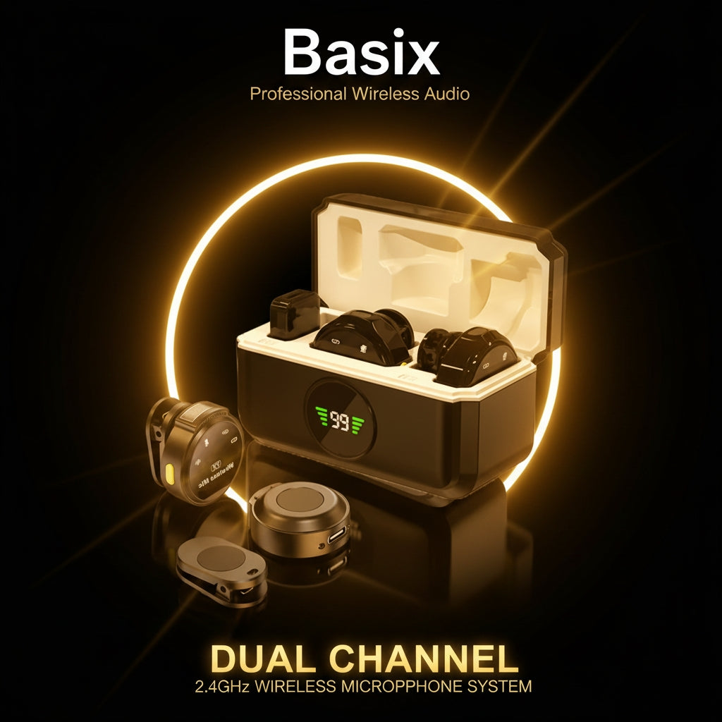 Basix professional wireless audio system with dual channel microphone system on a dark background