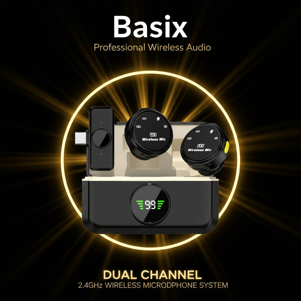 Basix professional wireless audio system with dual channel 2.4GHz wireless microphone on a dark background