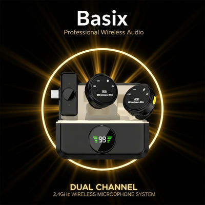 Basix professional wireless audio system with dual channel 2.4GHz wireless microphone on a dark background