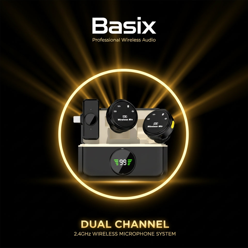 Basix dual channel wireless microphone system on a dark background with glowing effects.