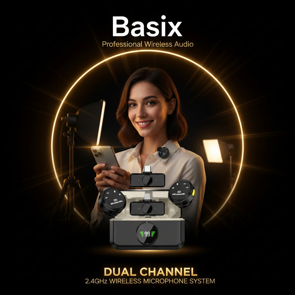 Woman holding a smartphone with Basix professional wireless audio equipment on a dark background