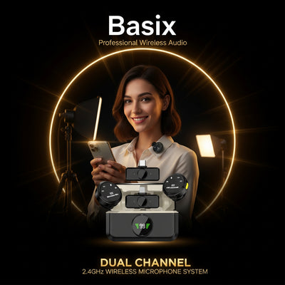 Woman holding a smartphone with Basix professional wireless audio equipment on a dark background