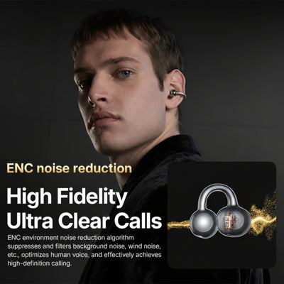 Man wearing ENC noise-cancelling earbuds with text: High Fidelity Ultra Clear Calls – ENC environment noise reduction algorithm suppresses background noise for high-definition calling