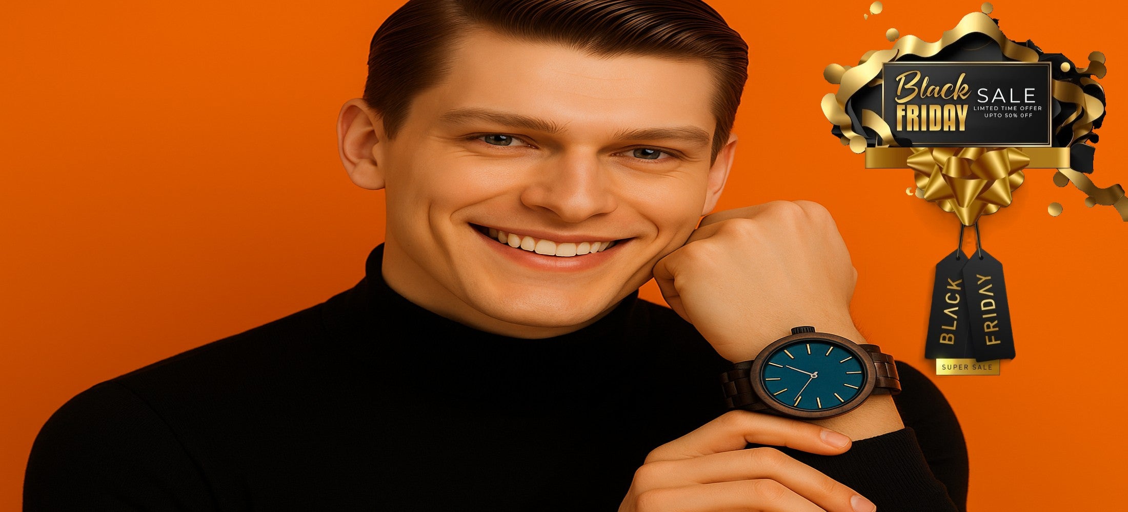 Man wearing a black turtleneck and a watch with a blue face against an orange background