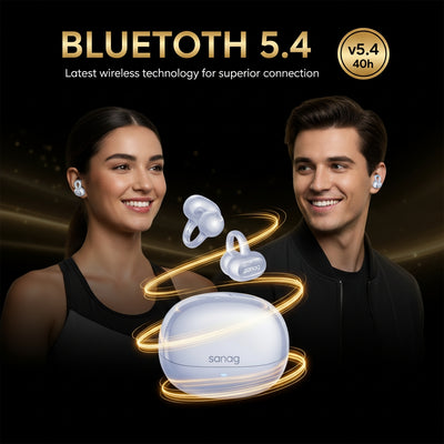 Two people wearing wireless earbuds with a Sanag charging case on a dark background, highlighting Bluetooth 5.4 technology.