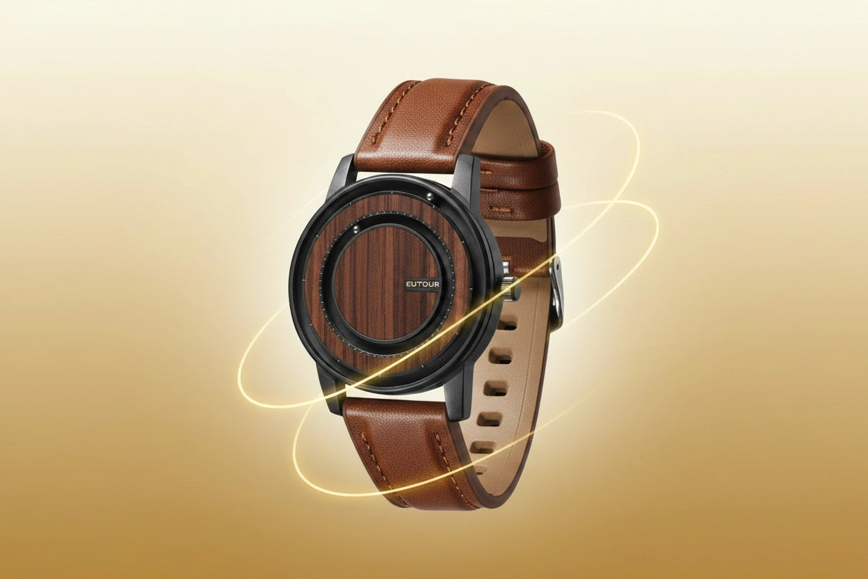 A smartwatch with a round wooden-patterned face and a brown leather strap, shown floating against a warm beige gradient background with glowing light effects.