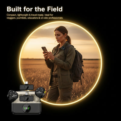 Woman in field using a device with text 'Built for the Field' on a black background