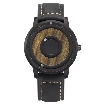 Wristwatch with black strap and wooden face on a white background