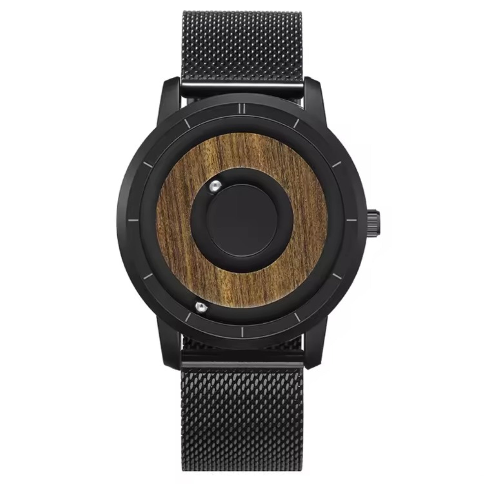 Wristwatch with black mesh strap and wooden face on a white background