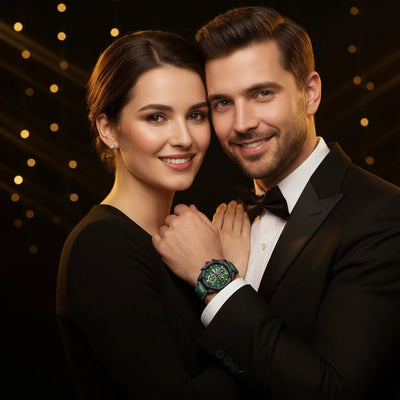 A man and a woman in formal black attire pose closely together against a dark background with warm bokeh lights. The man wears a black tuxedo jacket, white dress shirt, black bow tie, and a dark green watch with a green dial on his wrist.