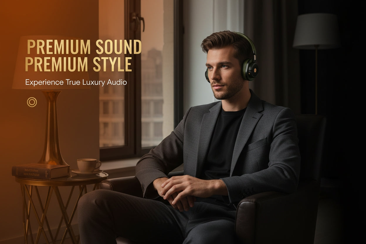Man wearing headphones in a room with 'Premium Sound Premium Style' text.
