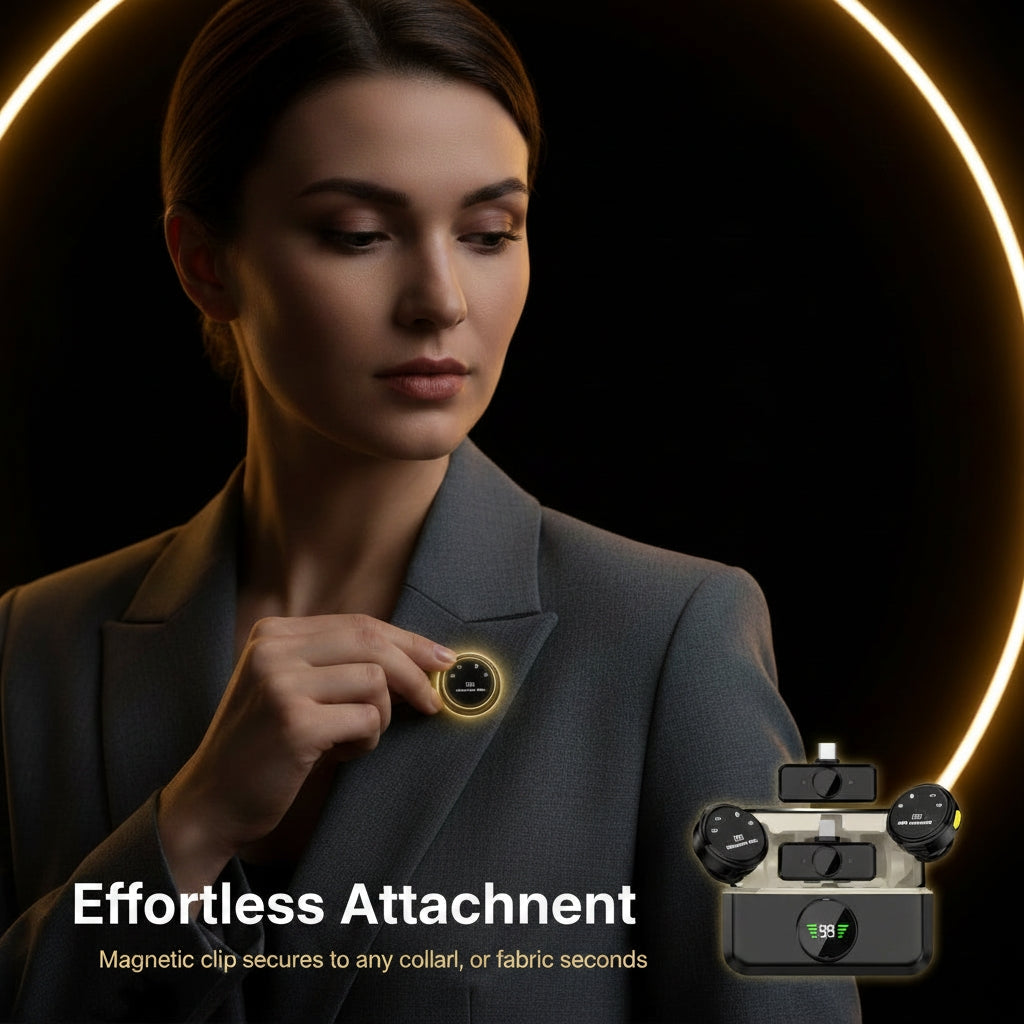 Woman wearing a magnetic clip on her collar with text 'Effortless Attachment' and product image.