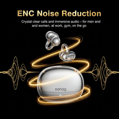 Sanag wireless earbuds with ENC noise reduction feature on a black background