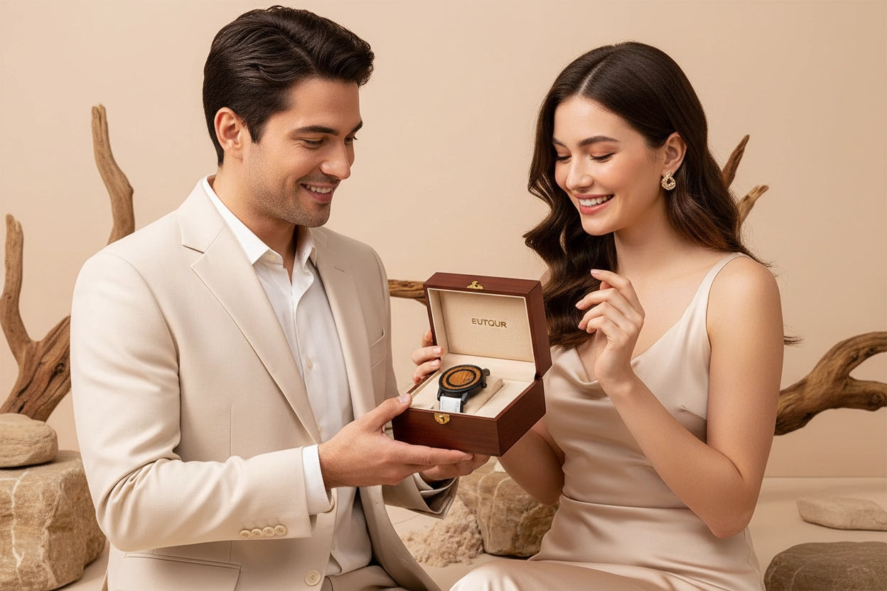 A man in a cream suit and a woman in a matching cream dress are seated together, smiling as the man presents an open brown watch box containing a round watch. The watch box lid is lined with cream fabric showing the brand name 'RUPIN'.