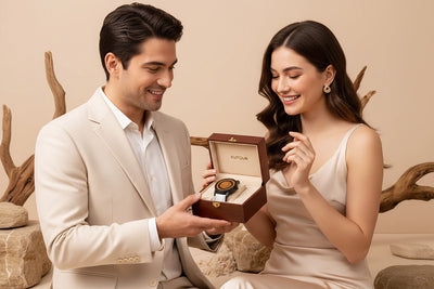 A man in a cream suit and a woman in a matching cream dress are seated together, smiling as the man presents an open brown watch box containing a round watch. The watch box lid is lined with cream fabric showing the brand name 'RUPIN'.
