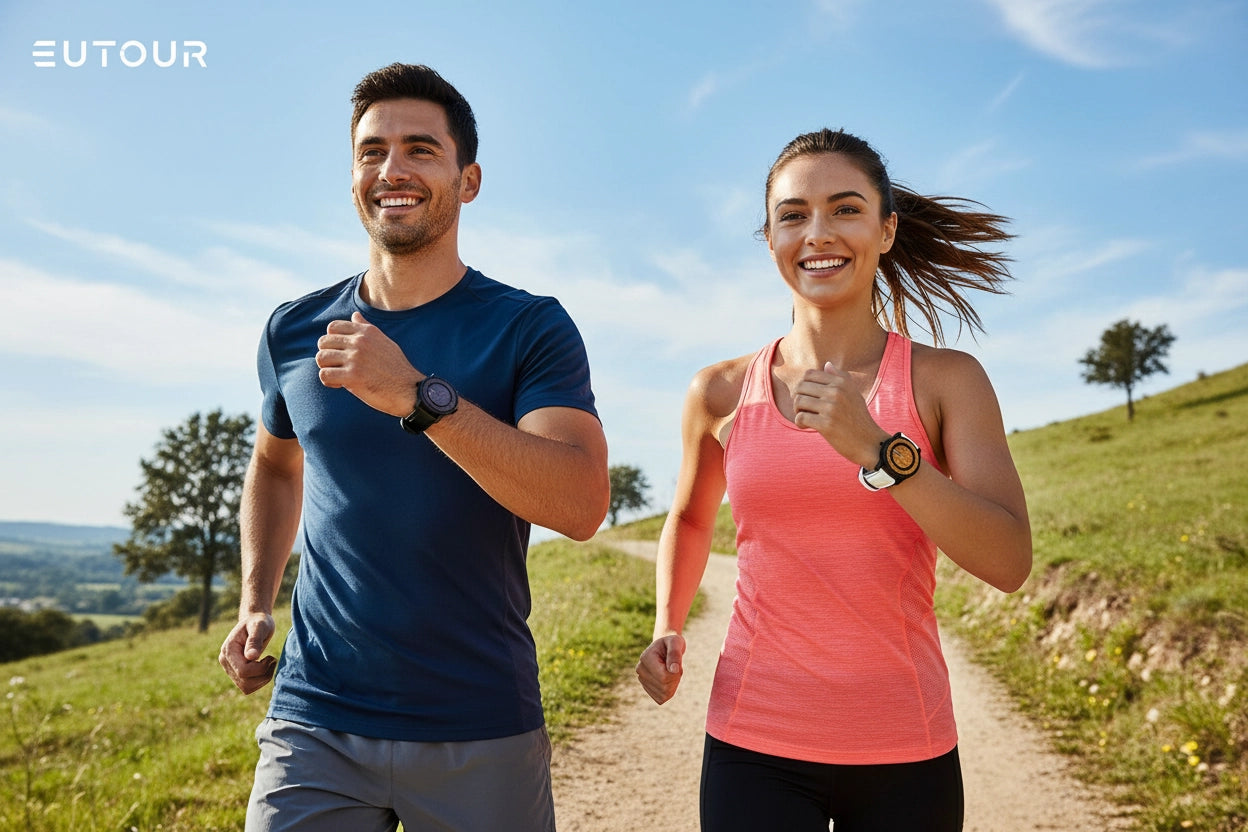 Two smiling runners jogging on a grassy outdoor trail under a blue sky. The man wears a navy blue athletic t-shirt and gray shorts, while the woman wears a coral pink tank top and black leggings.