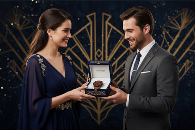 A man in a gray suit and a woman in a navy blue dress present a boxed wristwatch to each other against a dark blue Art Deco style background with gold details. The watch box is branded 'SUTRA'.