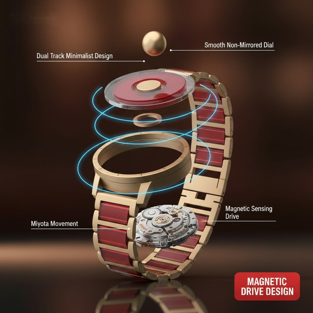 Watch mechanism with labeled components on a dark background