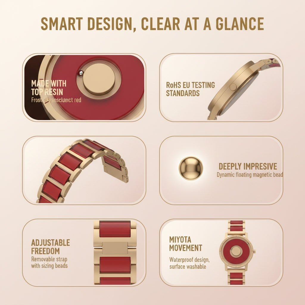 Product features of a watch with red and gold design on a beige background