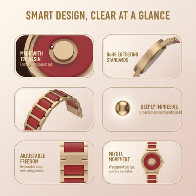 Product features of a watch with red and gold design on a beige background