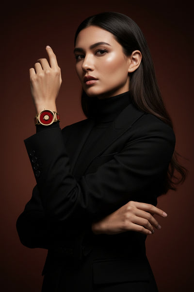 Woman wearing a black outfit with a red and gold watch on a dark background