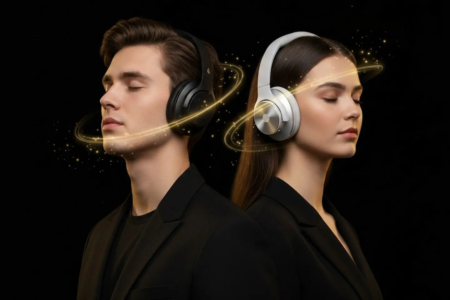 Two people wearing headphones with a black background