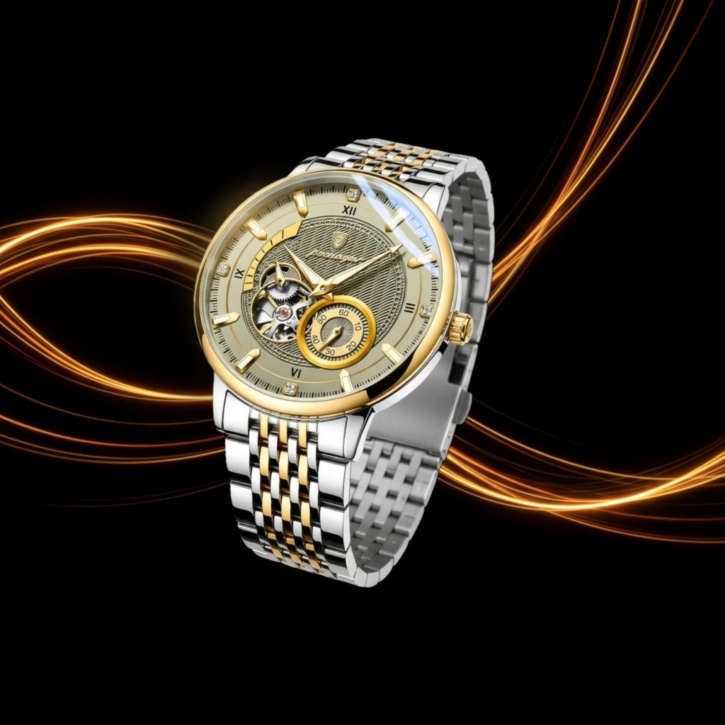 Luxury watch with a gold and silver design on a black background
