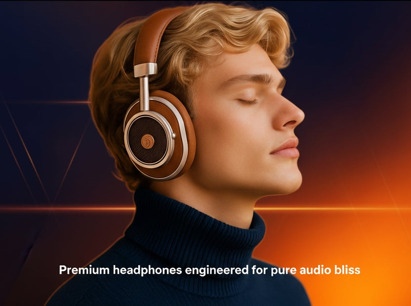Man wearing premium headphones with a warm color gradient background