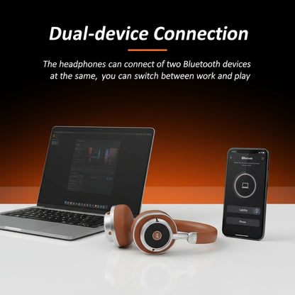 Bluetooth headphones with a laptop and smartphone on a gradient background
