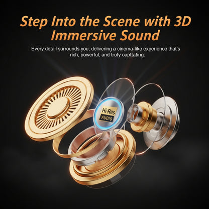 Gold and silver earbud with 'Hi-Res Audio' label on a dark background, featuring text about 3D immersive sound.