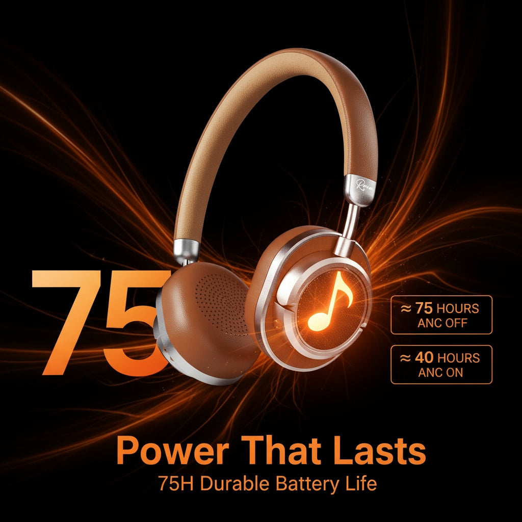 Brown headphones with battery life text on a dark background
