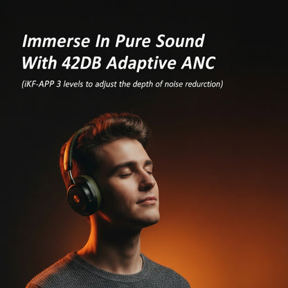 Person wearing headphones with text about 42DB Adaptive ANC on a dark background