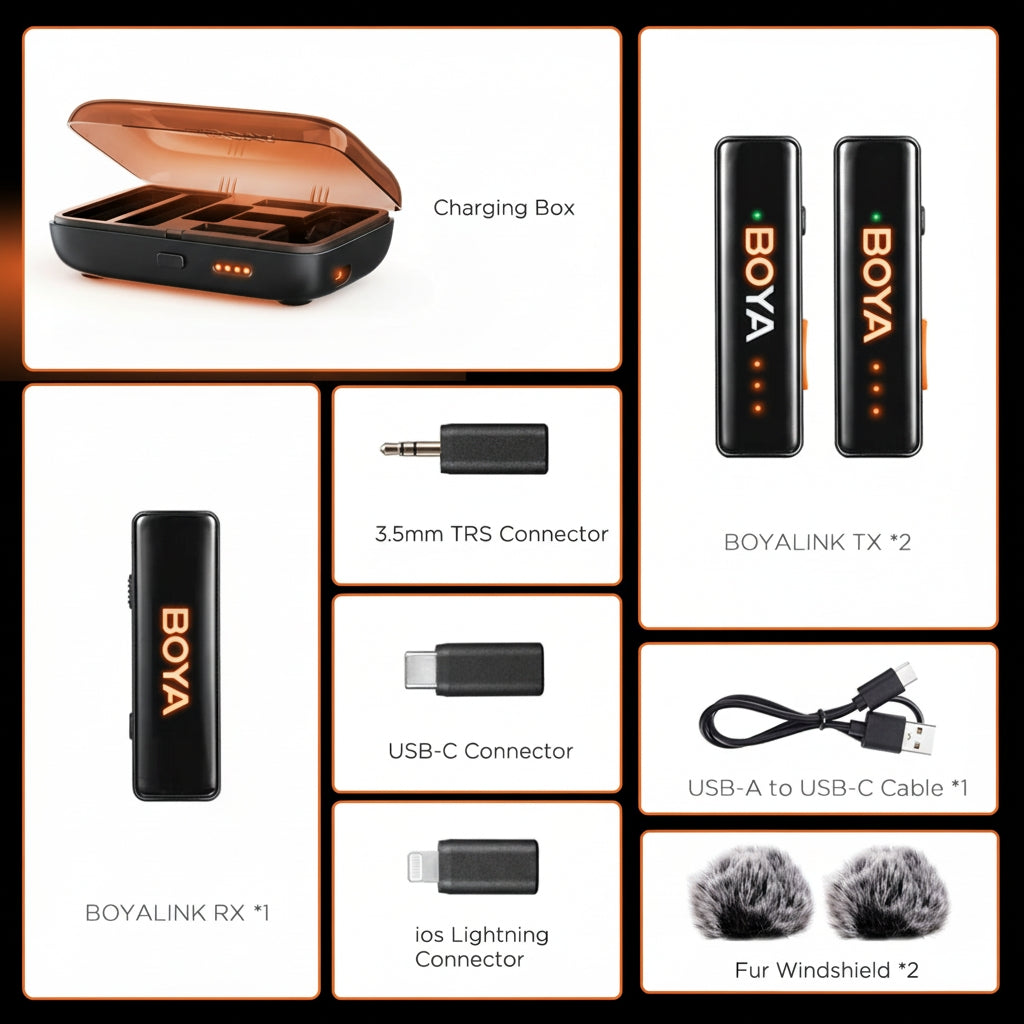 Collage of BOYA wireless microphone system components including charging box, transmitters, receivers, connectors, and cables.