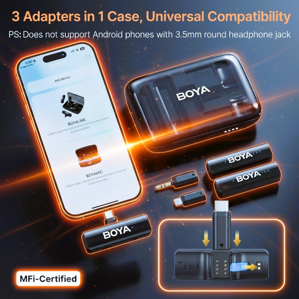 BOYA adapter case with adapters and smartphone app on a dark background