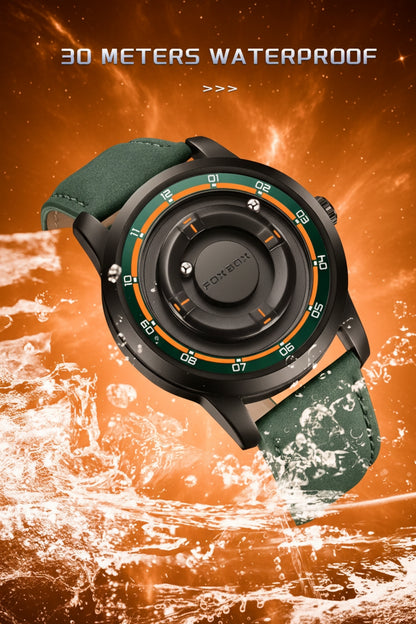 Smartwatch with green strap on an orange water splash background, indicating 30 meters waterproof feature.