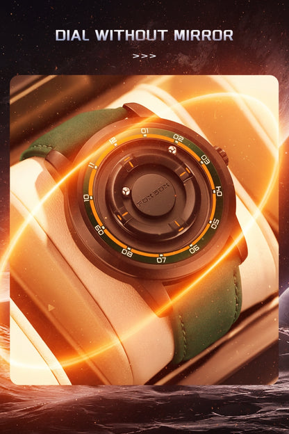 Watch with a glowing dial and green strap on a dark background