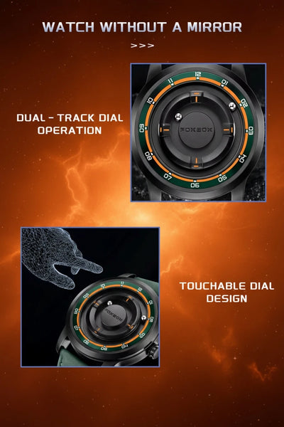 Promotional graphic for a Poneck smartwatch showing two inset close-up views of the watch face with feature callouts: 'WATCH WITHOUT A MIRROR,' 'DUAL - TRACK DIAL OPERATION,' and 'TOUCHABLE DIAL DESIGN.' The background is a fiery orange space-like graphic, and the watch itself appears dark gray/black with a green and orange bezel ring.