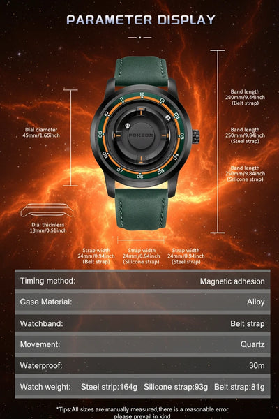 A product infographic for a smartwatch showing a dark green and black watch with a green strap, surrounded by measurement labels for the dial diameter, band length, and case dimensions, plus a specifications table at the bottom on a fiery orange space background.