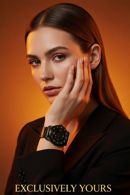 Woman wearing a black watch on an orange background with 'Exclusively Yours' text.